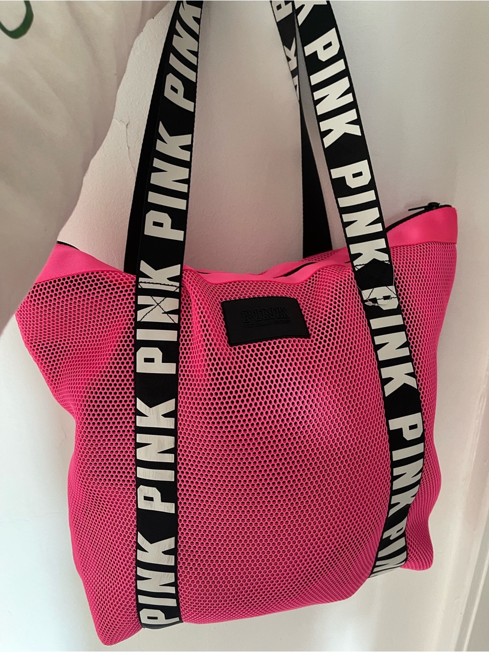 PINK Victoria's Secret Hot Pink Mesh Tote with Black & White Logo Straps